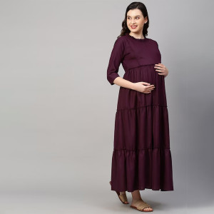 Women Purple Solid Maternity Nursing Empire Midi Sustainable Dress